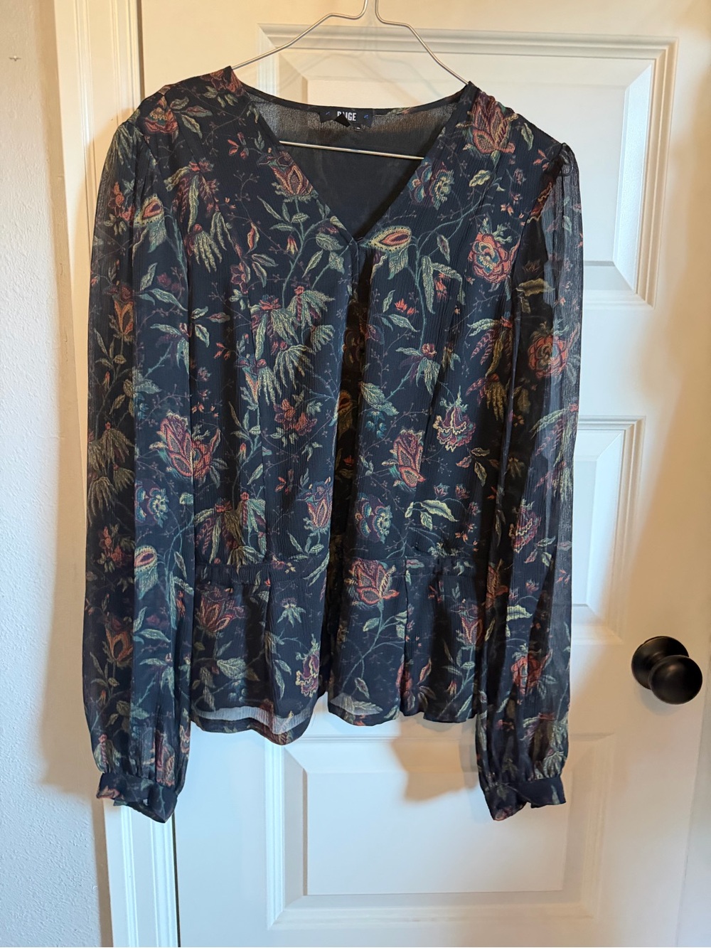 PAIGE Floral Print Sheer Long Sleeve Blouse Navy Boho Peplum - Size M